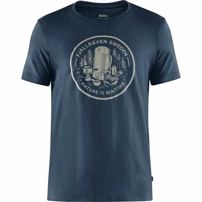 Men's Fjällräven Fikapaus T Shirts Navy | 3745NLVSA