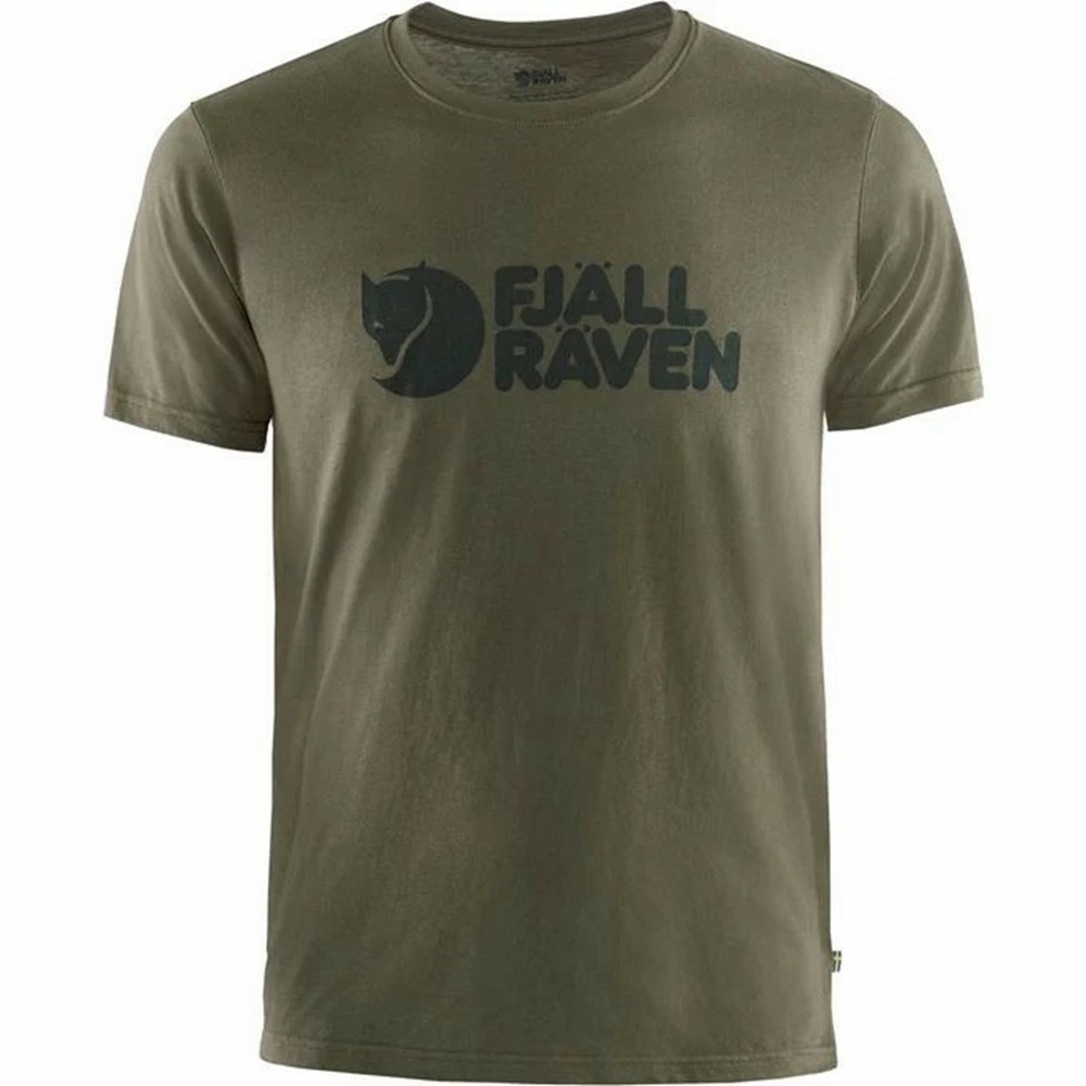 Men\'s Fjällräven Logo T Shirts Dark Olive | 3540CEPBH